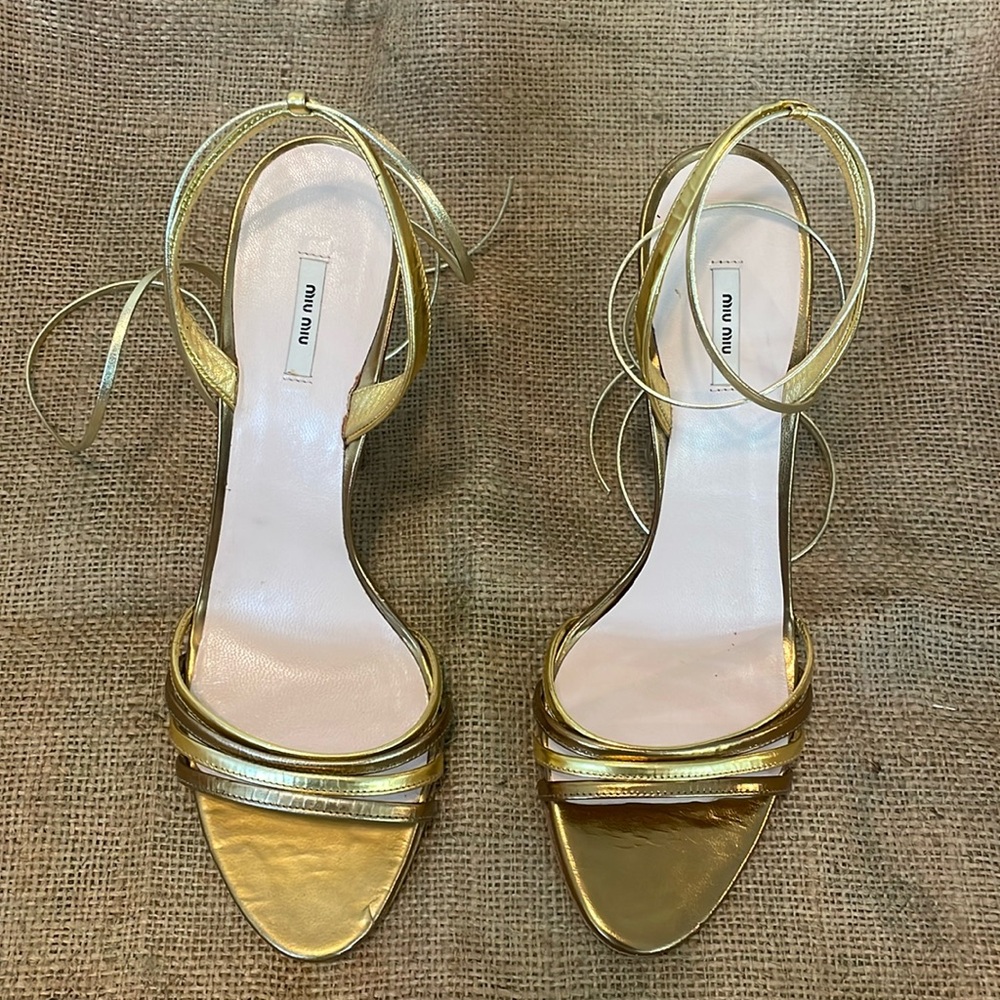 Miu Miu Metallic Gold Leather Ankle Wrap Sandals
